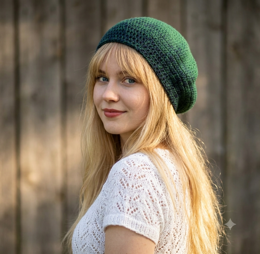 Woman wearing a green knitted hat with a blurred wooden background