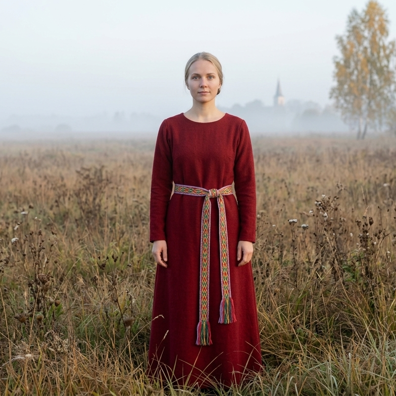 A woman stands in a misty field wearing a long-sleeved burgundy dress with a decorative patterned belt.