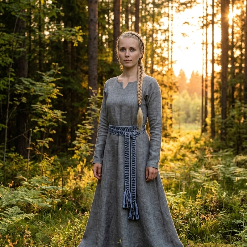 A woman stands in a sunlit forest wearing a long-sleeved gray linen dress with a blue patterned belt and tassel details.