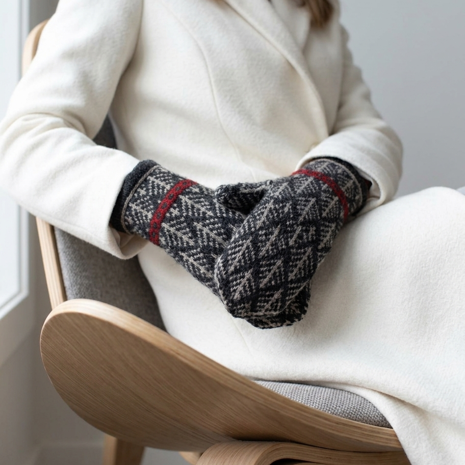 Person wearing a white coat and patterned mittens sitting on a wooden chair.