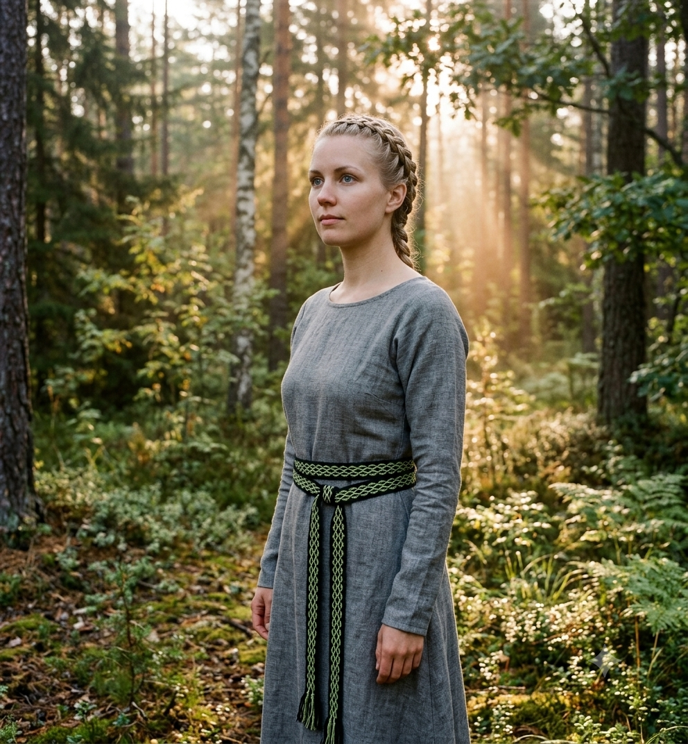 A woman wearing a long-sleeved gray linen dress with a green and black patterned belt stands in a sunlit forest.