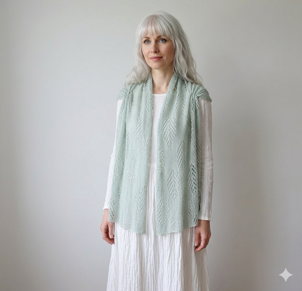 Woman wearing a light green knitted cardigan over a white dress against a plain background