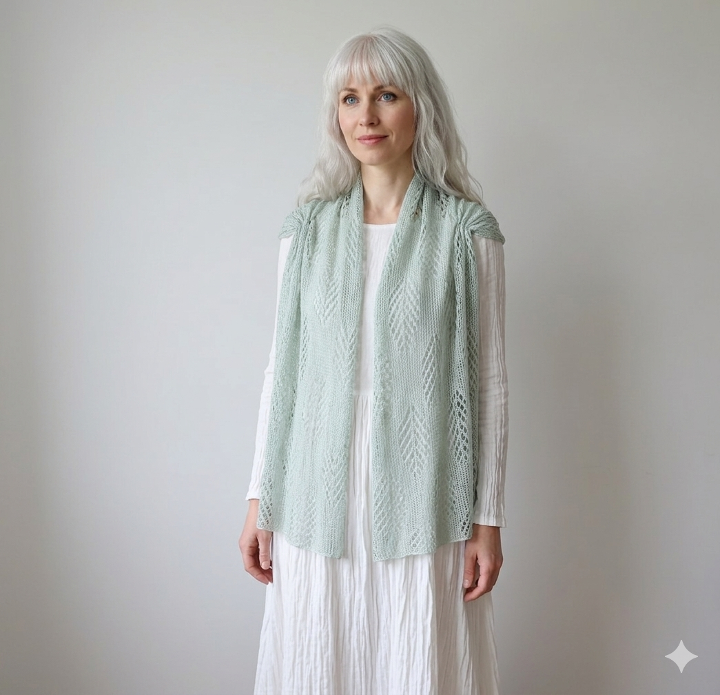 Woman wearing a light green knitted cardigan over a white dress against a plain background