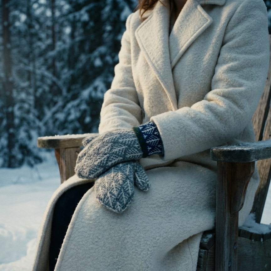 A person seated in a wooden chair in a snowy outdoor setting, wearing a long cream wool coat and gray knit mittens with a navy patterned cuff.