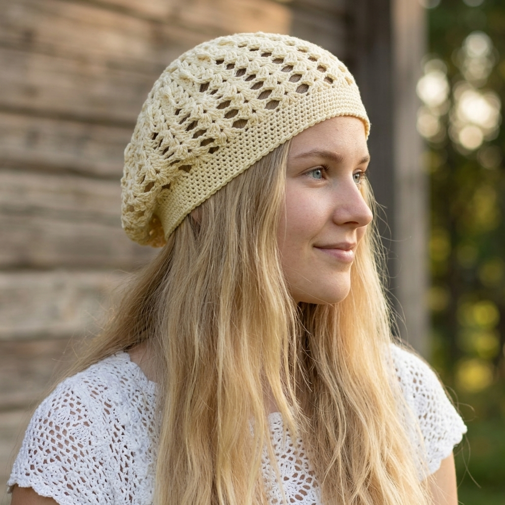Woman wearing a beige knitted hat with a blurred natural background