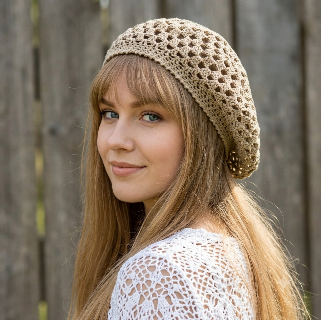 Woman wearing a beige crochet hat and white lace top against a wooden fence.