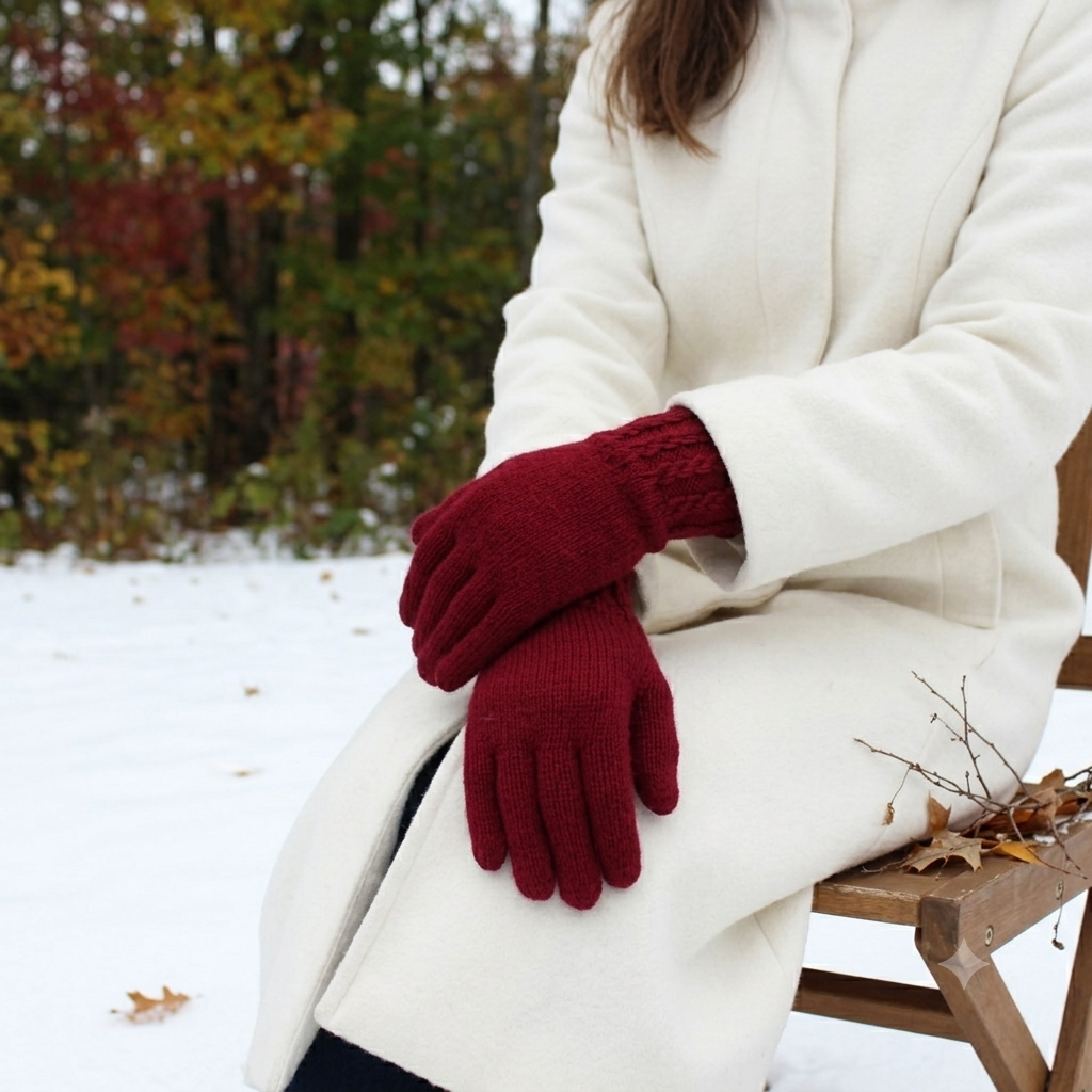A person seated outdoors in the snow wearing a long cream coat and deep burgundy knit gloves, with blurred autumn trees in the background.