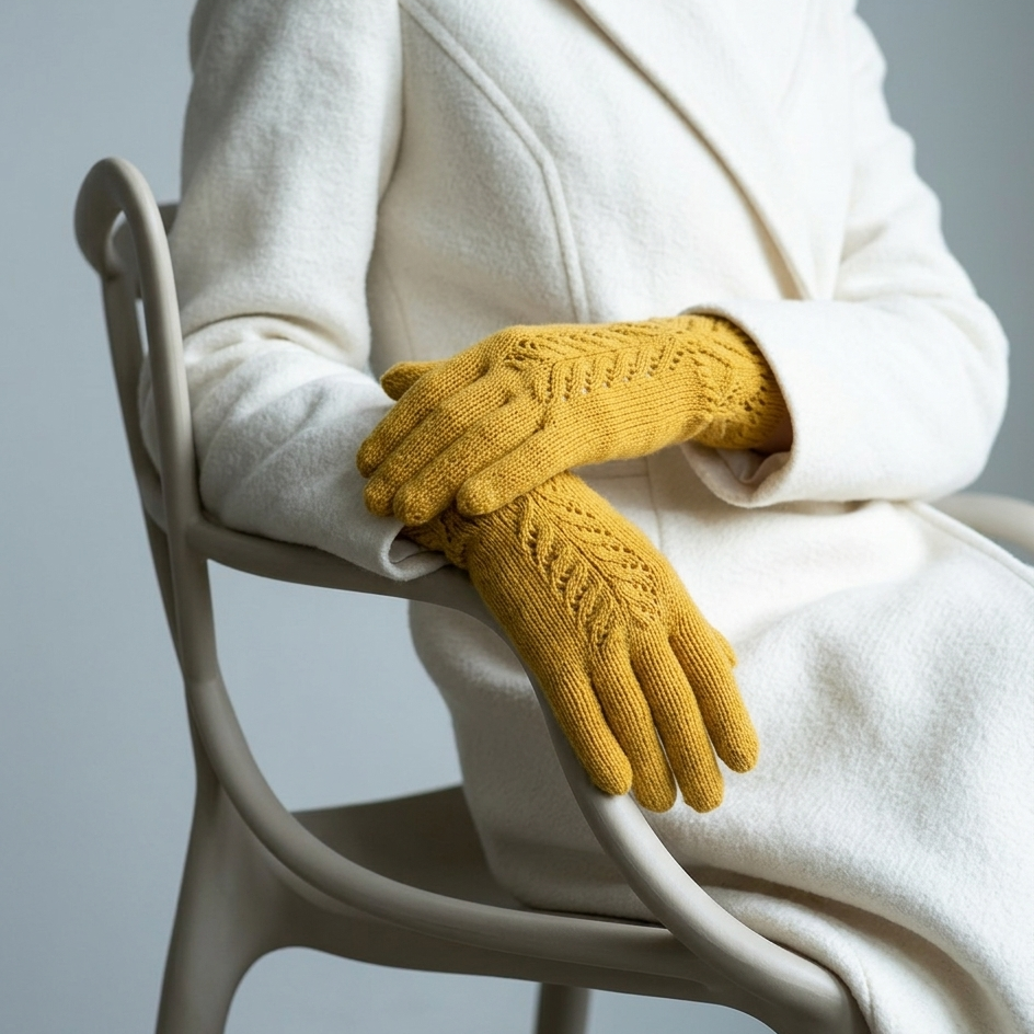 Person wearing mustard yellow gloves and a white coat, sitting on a chair with a neutral background