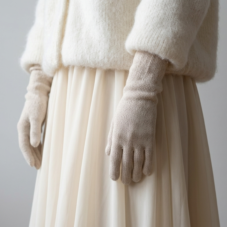 Person wearing a white sweater and cream gloves with a plain background
