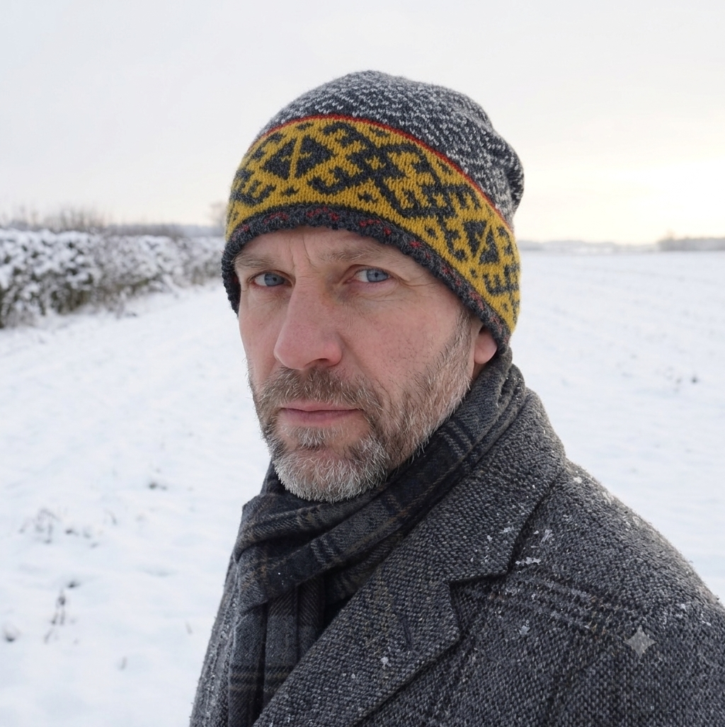 A man wearing a gray knit beanie with a yellow and black geometric pattern, a dark gray scarf, and a gray tweed coat, standing outdoors in a snowy landscape.