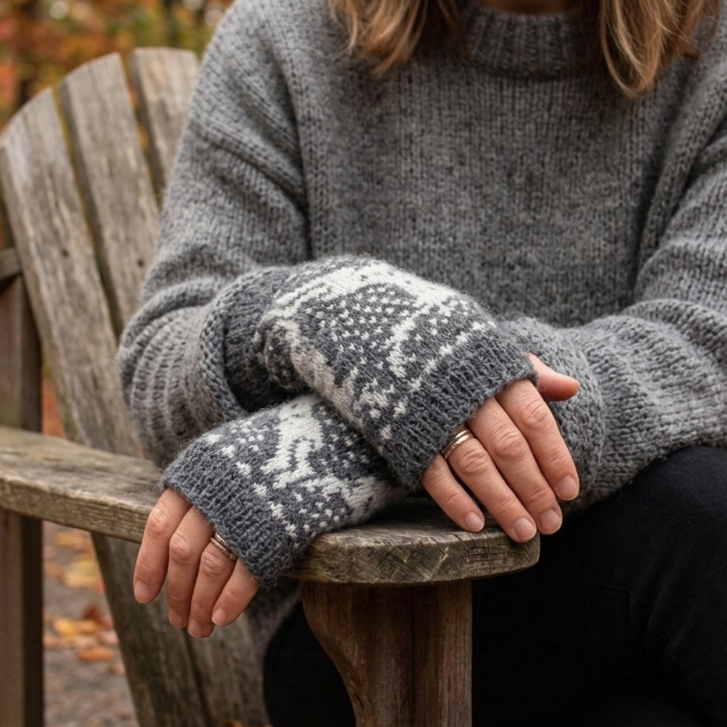 A person sitting on a wooden chair outdoors in autumn, wearing a gray knit sweater and matching gray knit fingerless gloves with a white Fair Isle pattern.
