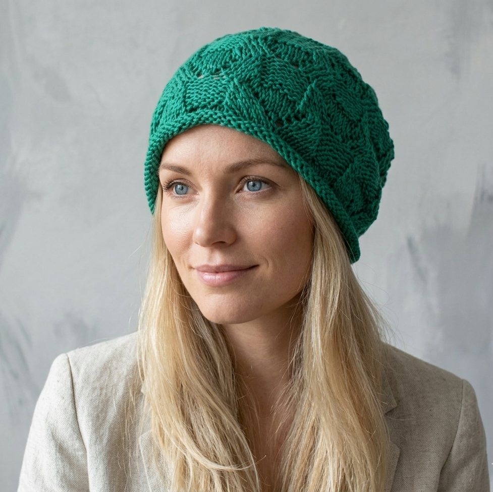 Woman wearing a green knitted hat against a gray background