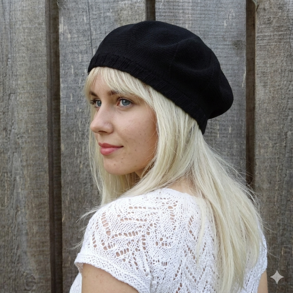Woman wearing a black beanie and white lace top against a wooden background
