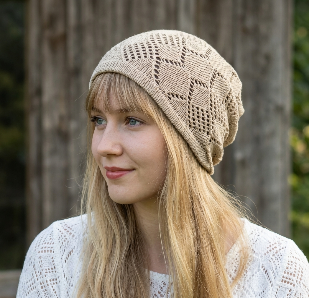 Woman wearing a beige knitted beanie in an outdoor setting