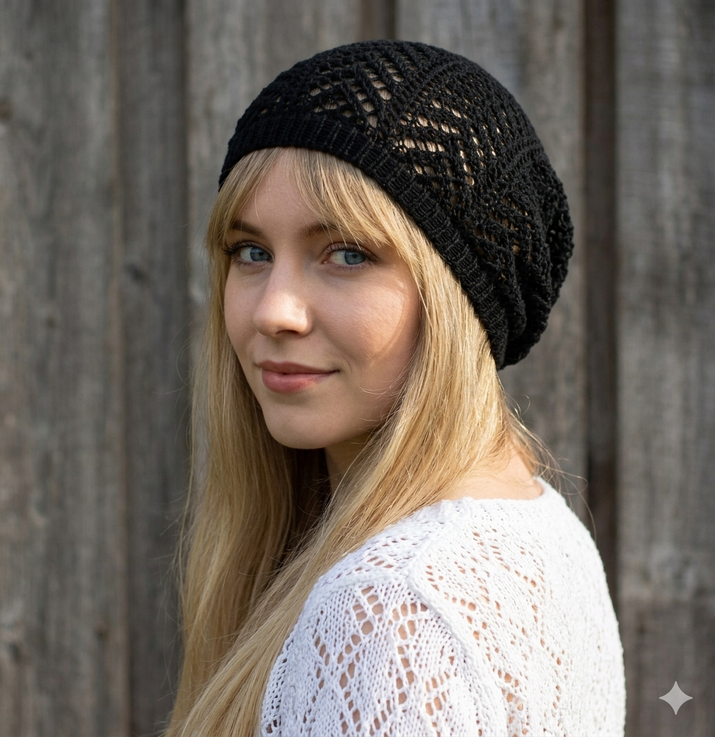 Woman wearing a black knit beanie and white lace top against a wooden background