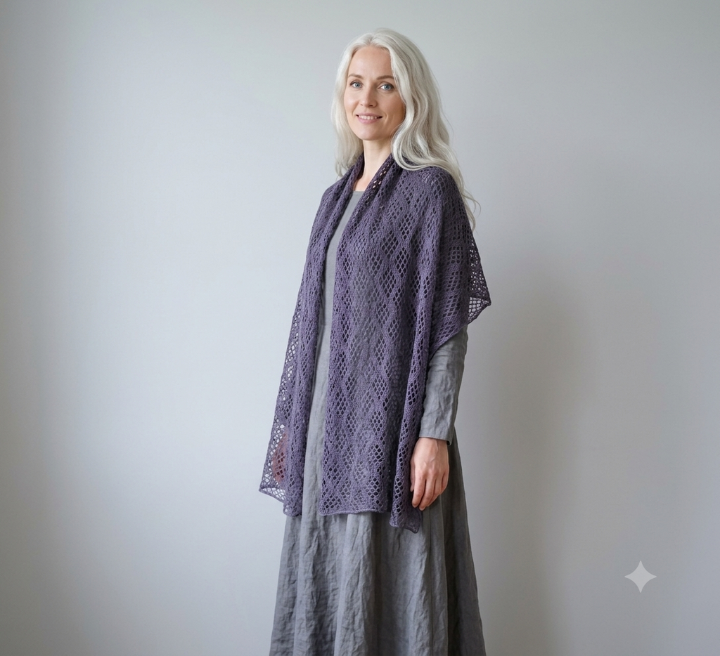 Woman wearing a purple lace shawl over a gray dress against a plain background
