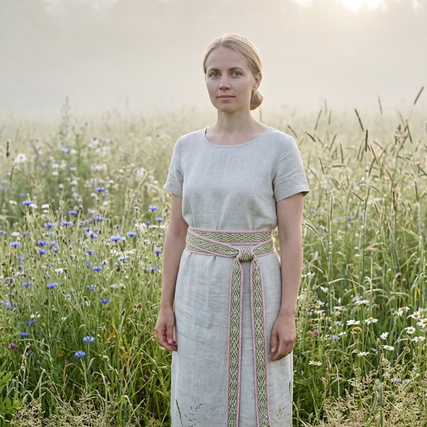 A woman stands in a sunlit field of wildflowers wearing a light beige linen dress with a matching patterned belt.