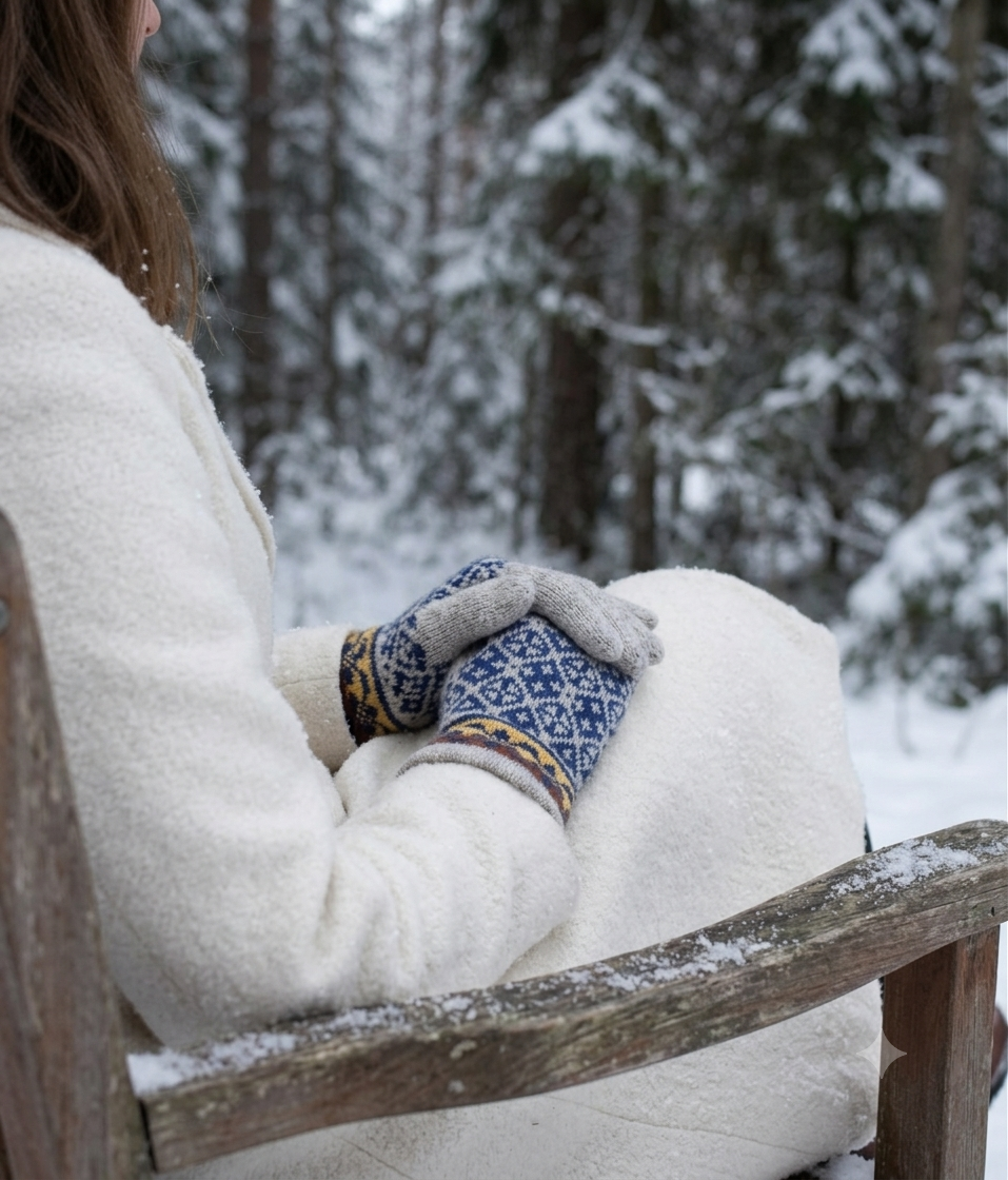 A person sitting outdoors in a snowy forest, wearing a white textured coat and blue patterned knit mittens with gray and yellow trim.
