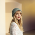 Woman wearing a green knitted hat against a blurred background