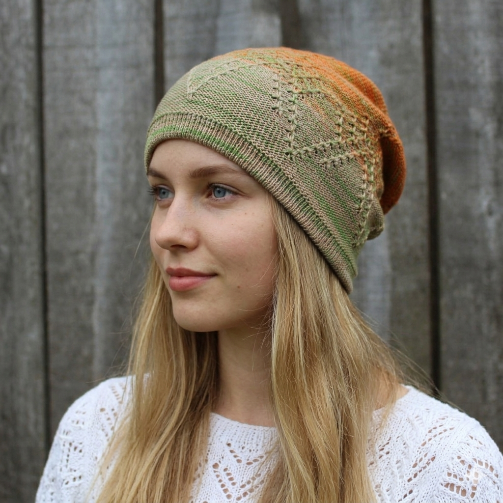 Woman wearing a knitted beanie with a gradient of green and orange against a wooden background