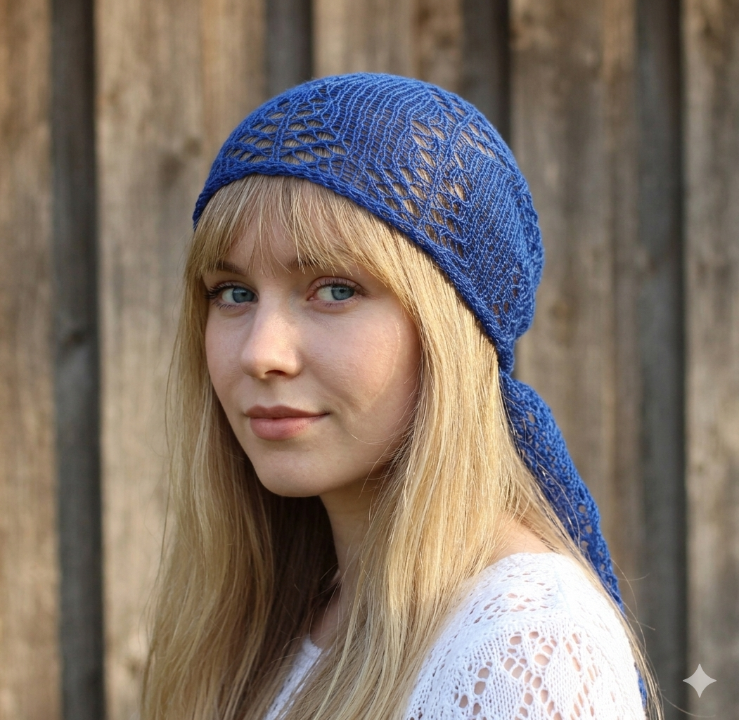 Woman wearing a blue knitted headband against a wooden background