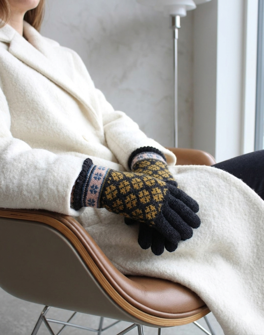 Person wearing patterned gloves sitting on a chair with a white coat draped over them.