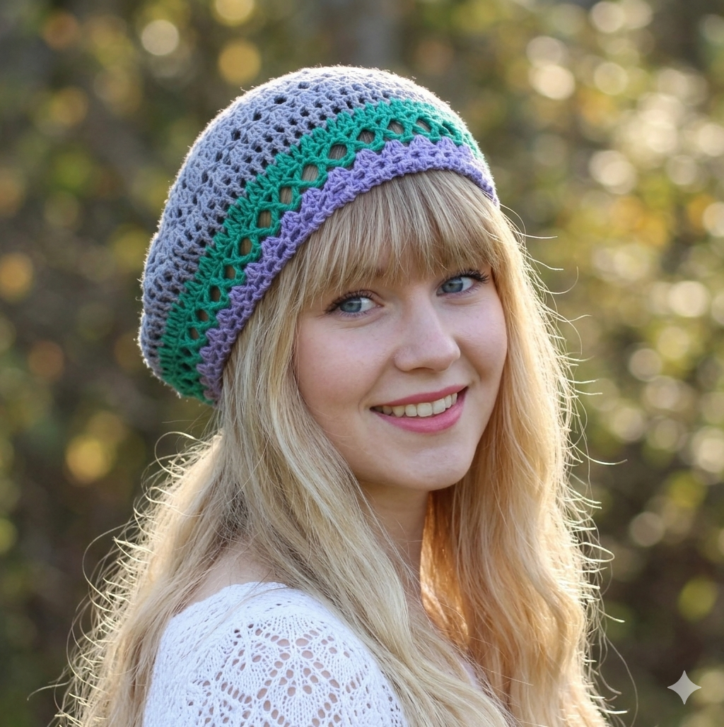 Woman wearing a colorful knitted headband with a blurred natural background