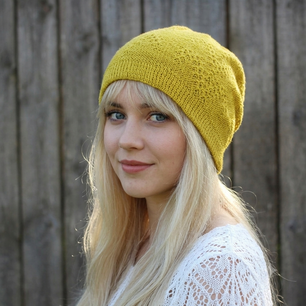knit yellow linen beanie hat
