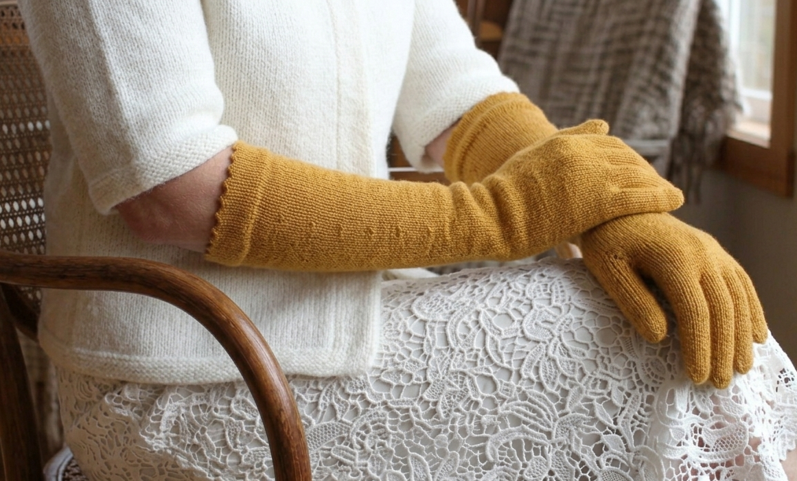 Person wearing mustard yellow gloves sitting on a lace-covered surface.