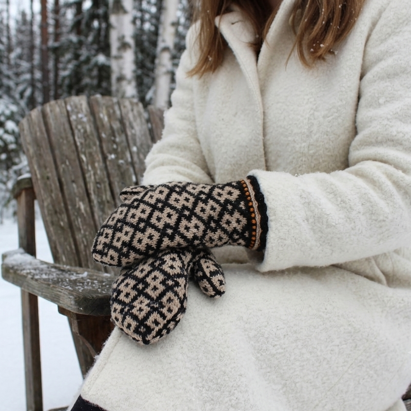 A person wearing a cream-colored coat sits on a wooden chair in a snowy outdoor setting, holding a pair of knit winter mittens with a black and beige geometric pattern.