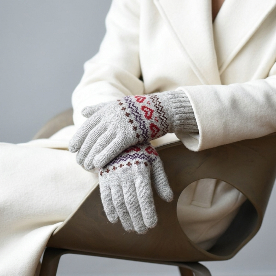 Person wearing a white coat and gray gloves with a pattern, sitting on a chair.