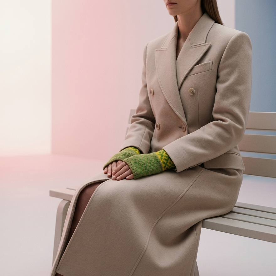 Person wearing a beige coat and green gloves sitting on a bench with a pastel-colored wall in the background.