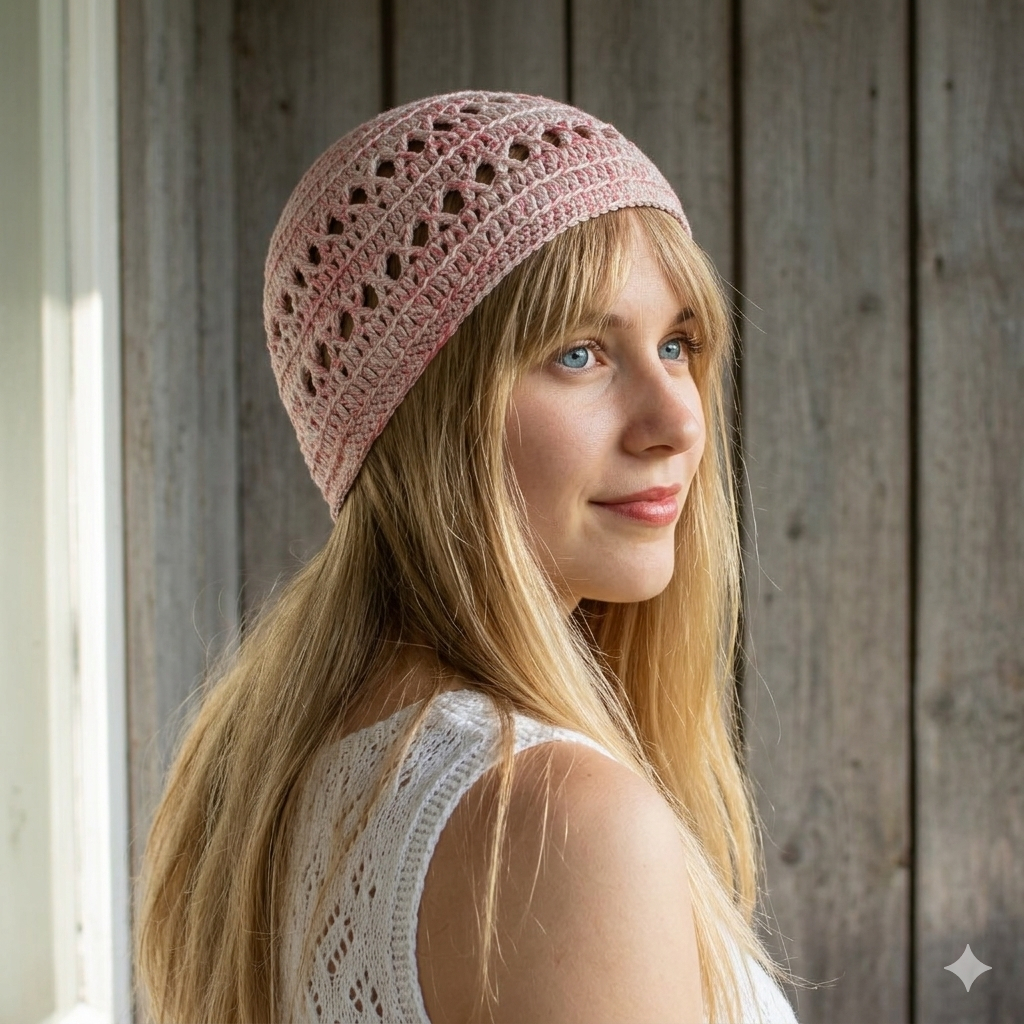 Woman wearing a pink crochet hat against a wooden background