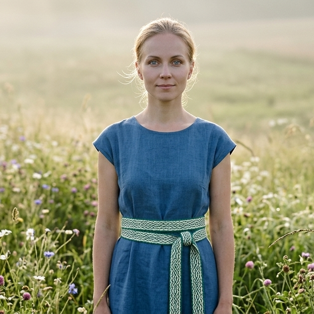 A woman stands in a sunlit field of wildflowers wearing a blue dress with a light green waist tie. The background is a soft-focus green landscape with warm golden light.