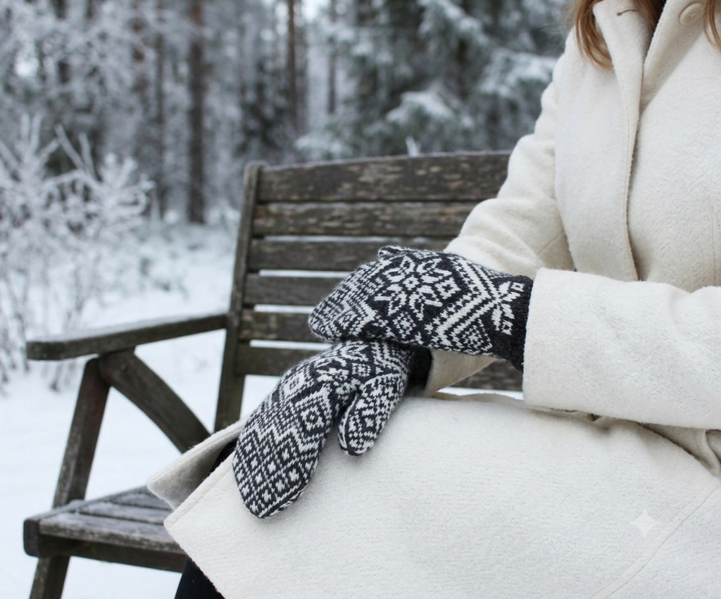 A person wearing a cream winter coat sits on a wooden bench in a snowy outdoor setting, wearing a pair of black and white geometric pattern knit mittens.