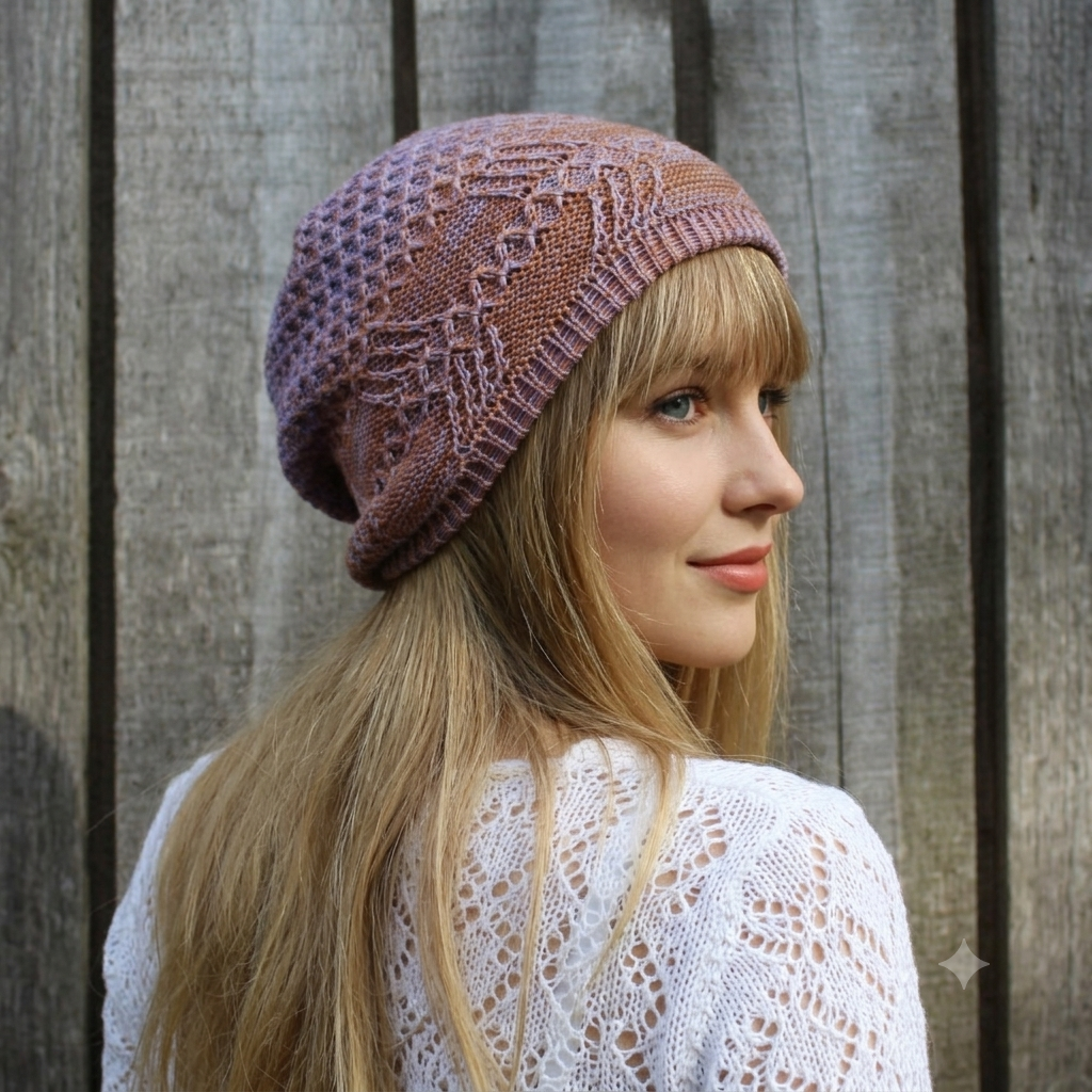 Woman wearing a knitted hat and lace top against a wooden background