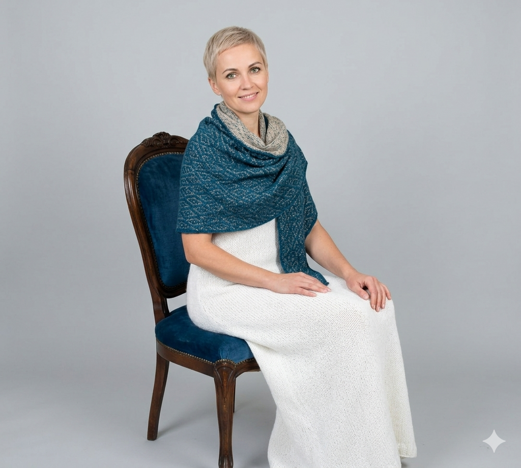 Woman sitting on a chair wearing a blue shawl over a white dress against a gray background