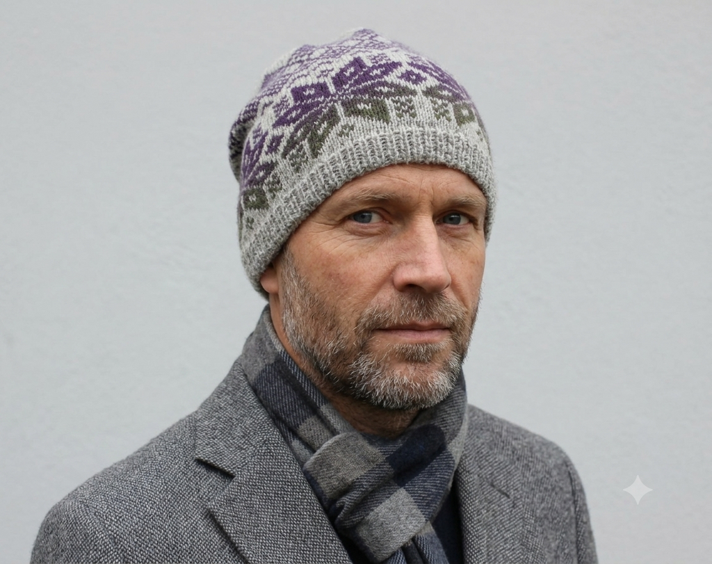 Man wearing a patterned knit hat and scarf against a plain background