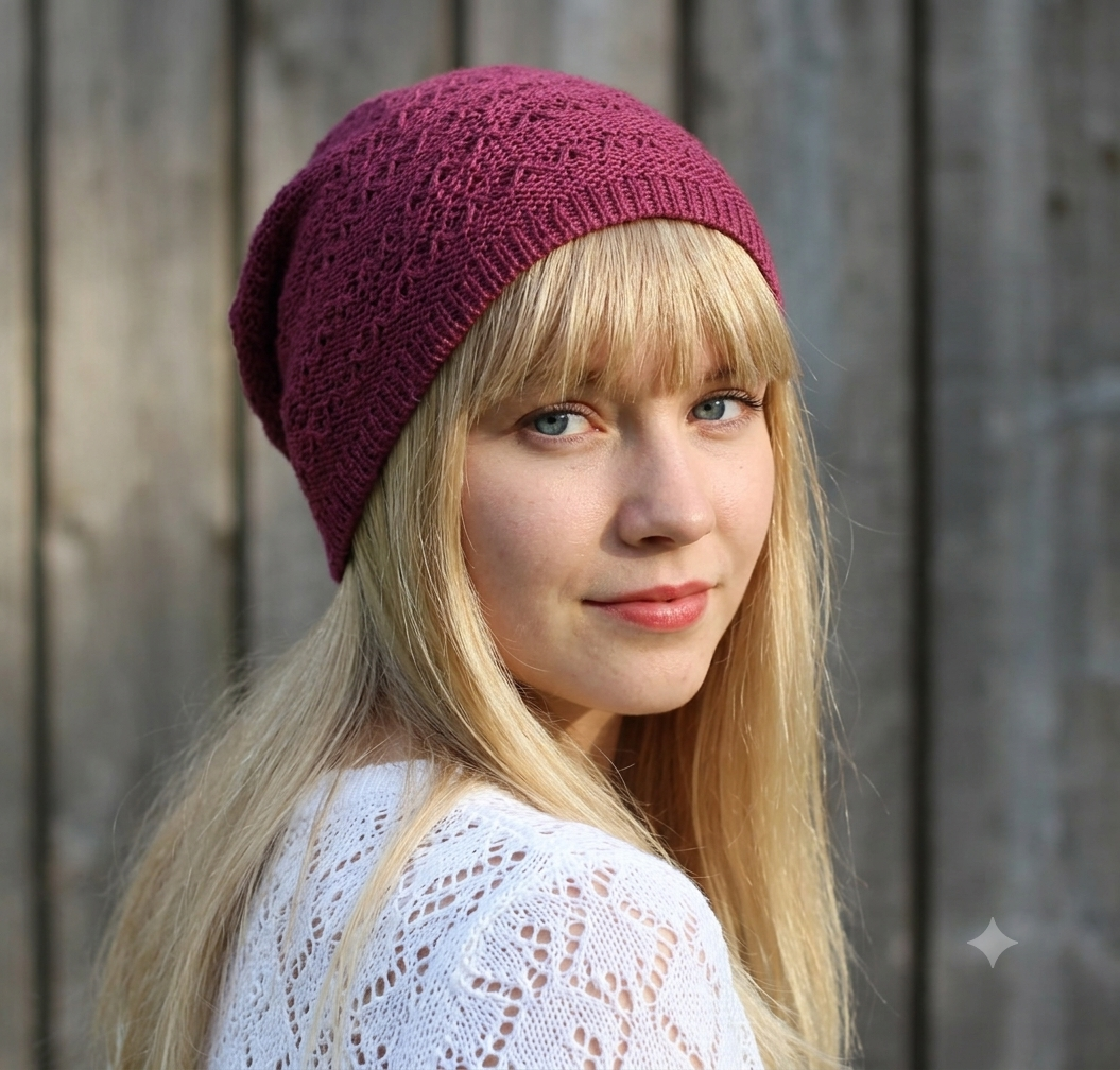 Woman wearing a maroon knitted beanie against a wooden background