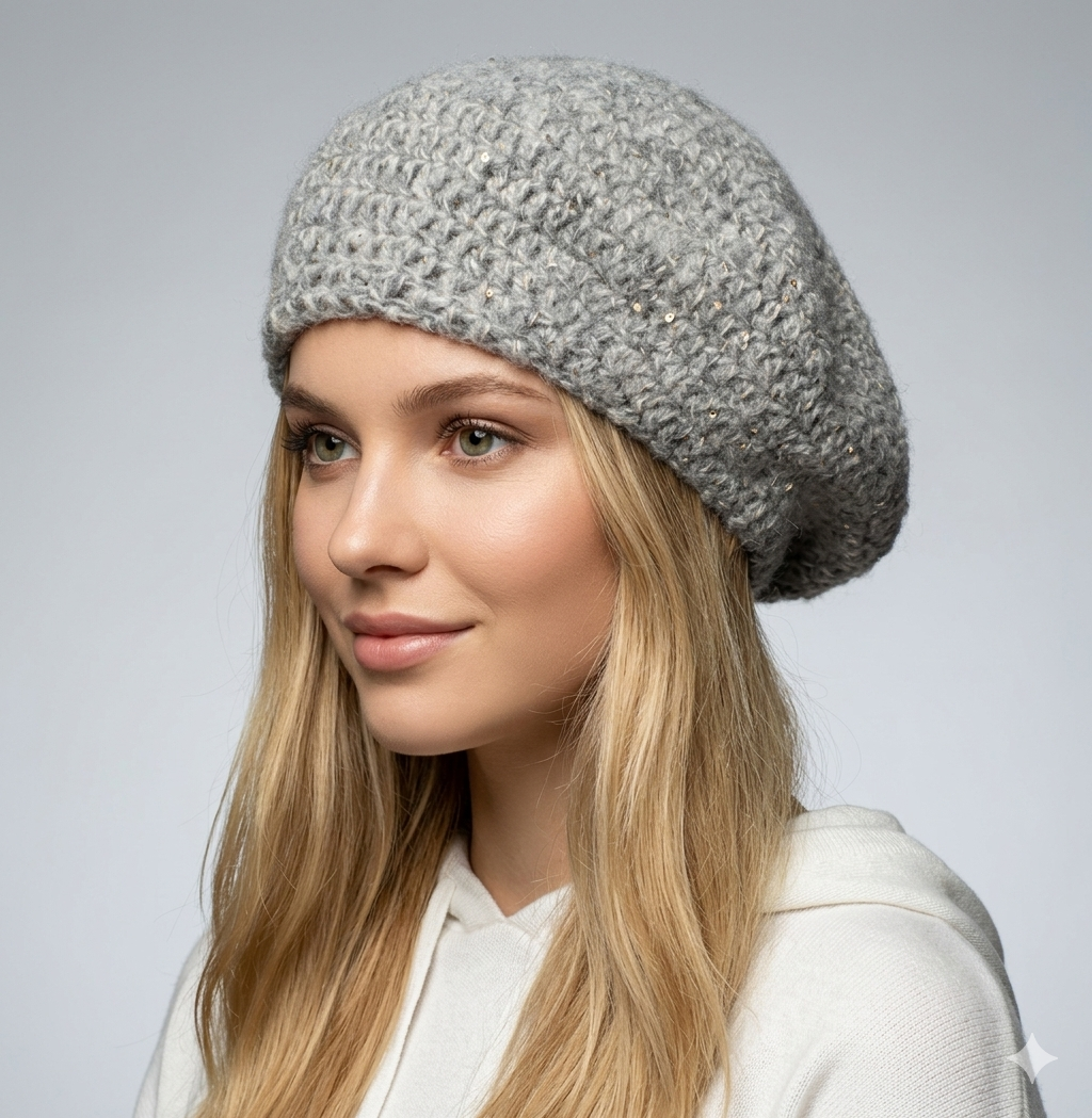 Woman wearing a gray knit beanie against a plain background