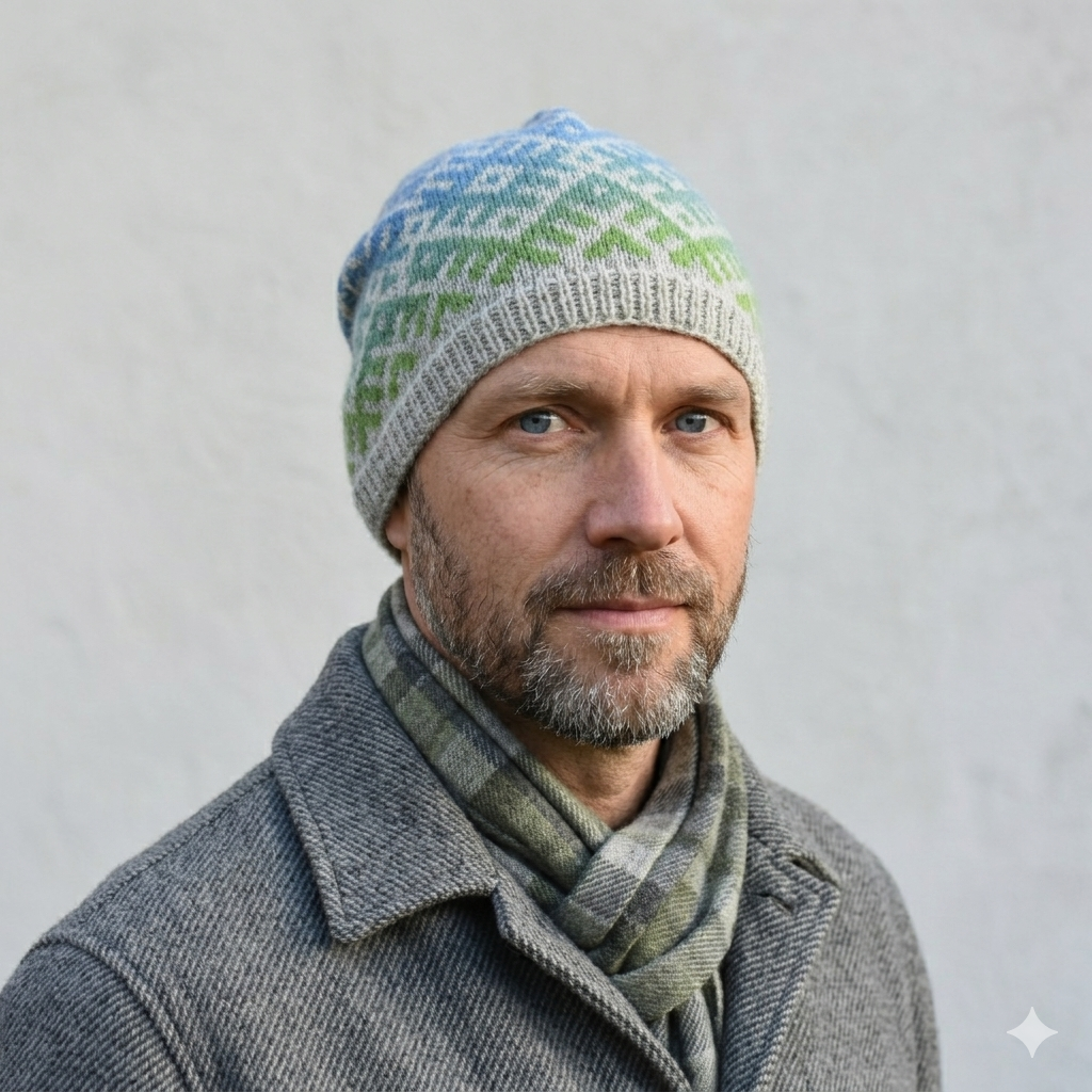 Man wearing a patterned knit hat and scarf against a plain background
