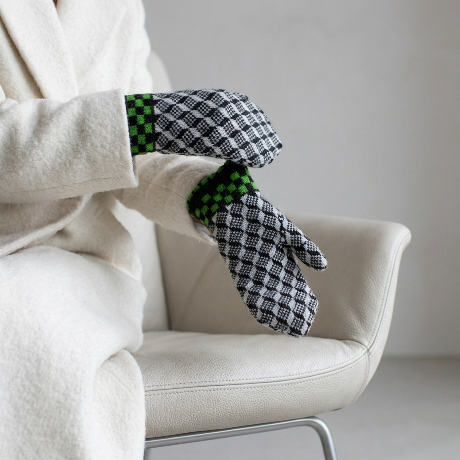 Person wearing a white robe holding a black and green checkered towel over their shoulder, sitting on a white chair.
