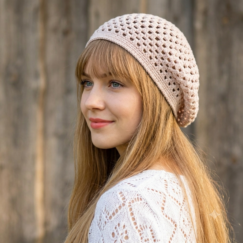 Woman wearing a beige knitted hat and white lace top against a wooden fence background