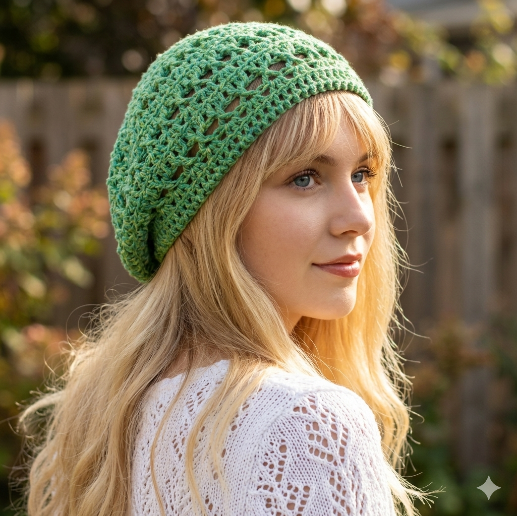 Woman wearing a green knitted beanie outdoors