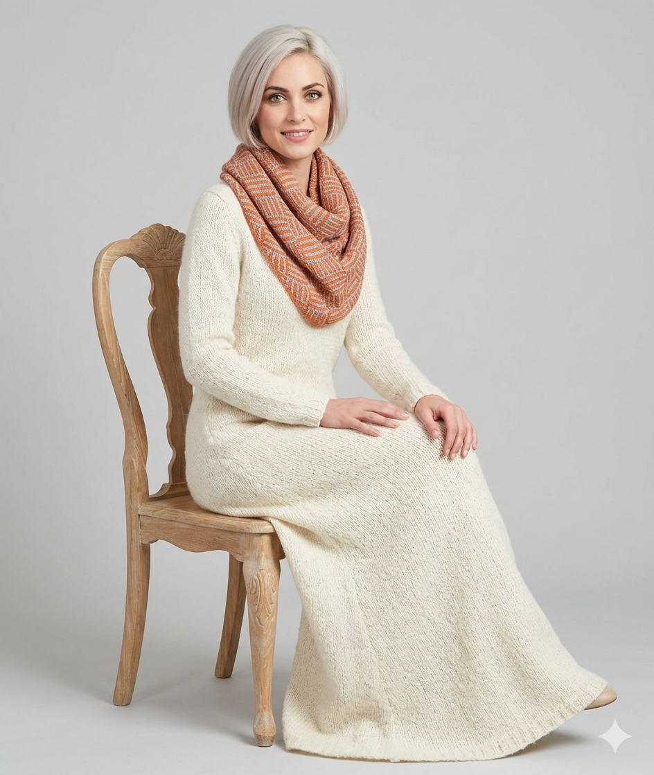 Woman wearing a white knitted dress and pink scarf sitting on a wooden chair against a gray background