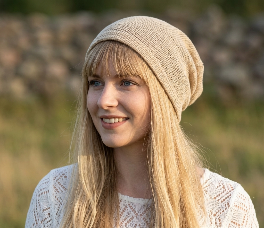 Woman wearing a beige knit hat in a natural setting