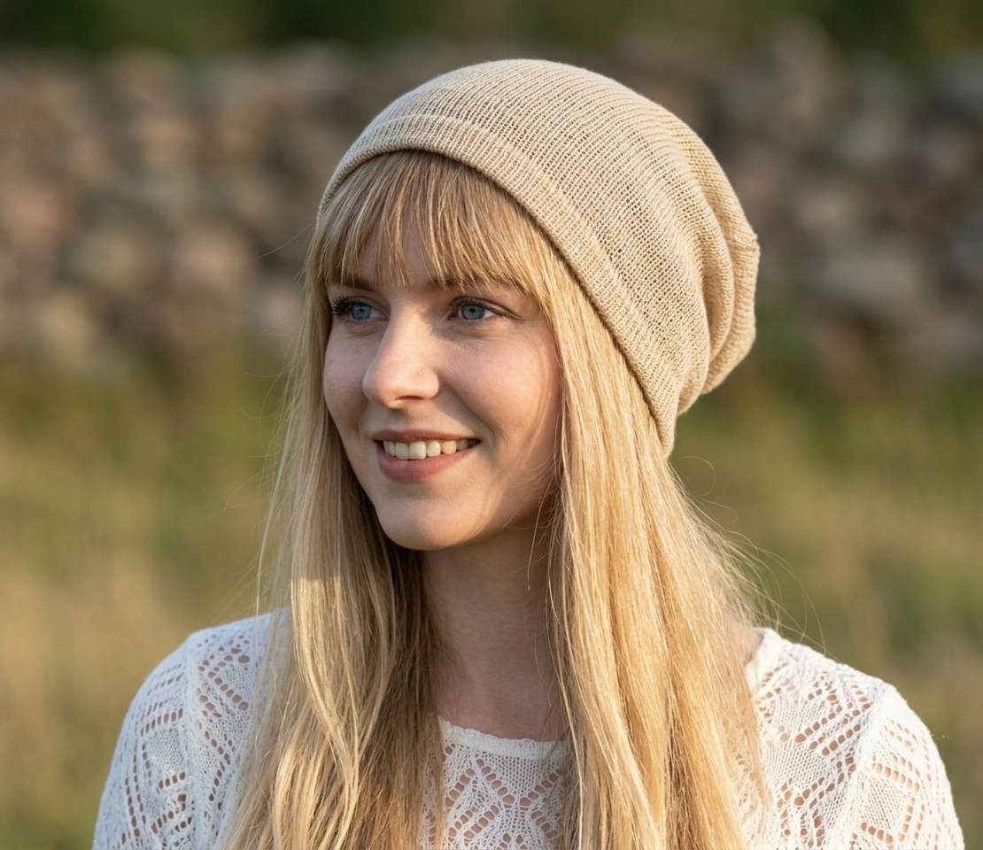 Woman wearing a beige knit hat in a natural setting