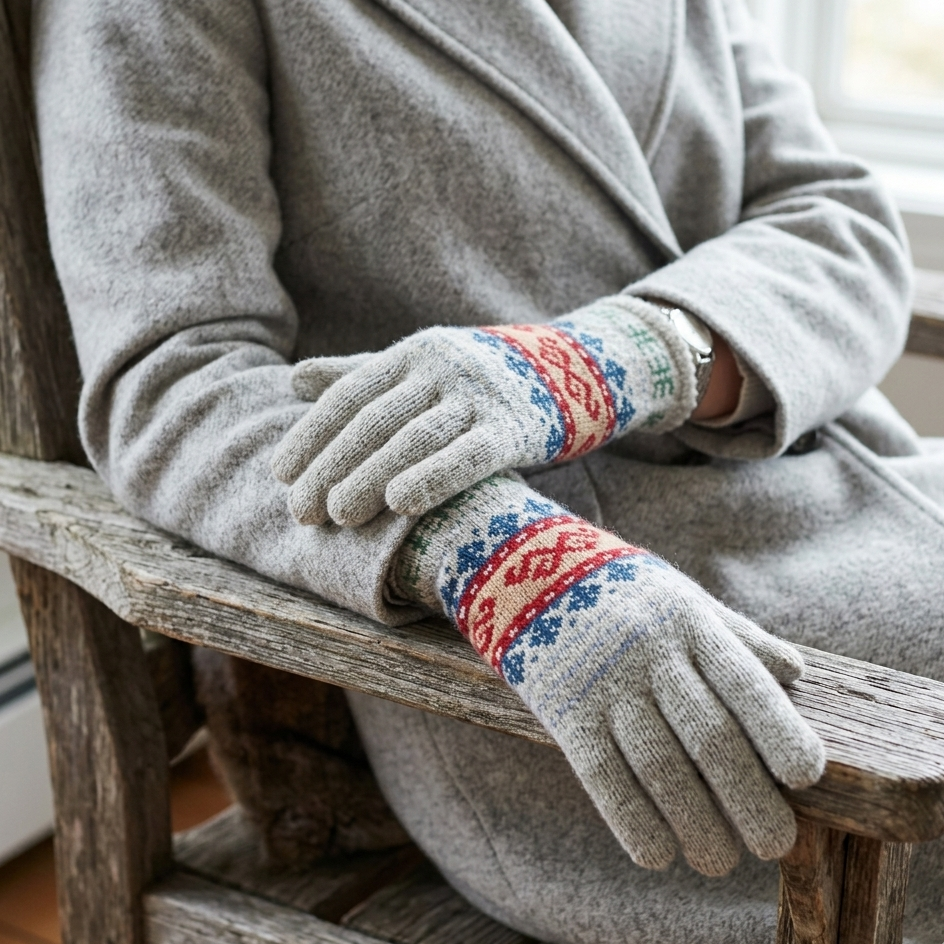 Person wearing a gray coat and patterned gloves sitting on a wooden chair.