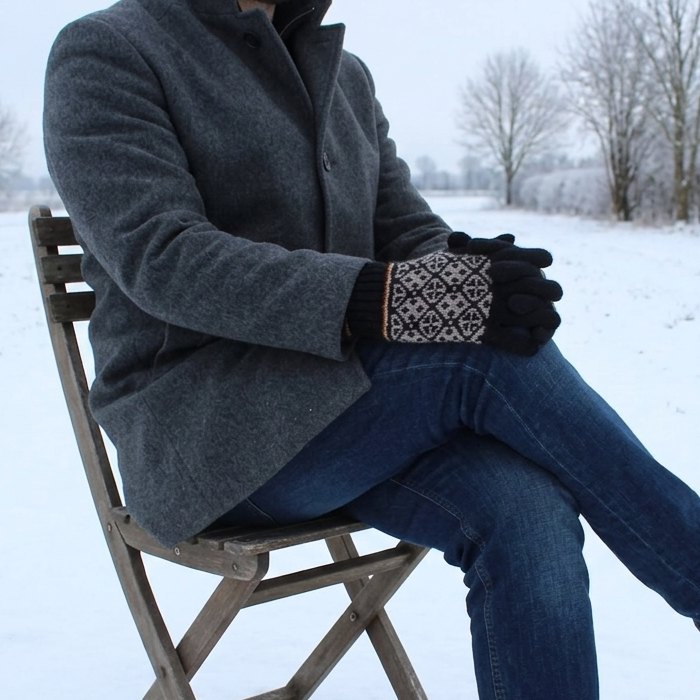 Person sitting on a wooden chair in a snowy field wearing a coat, jeans, and gloves.