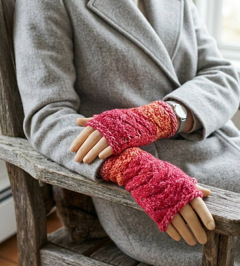 Person wearing pink knitted fingerless gloves sitting on a wooden chair.
